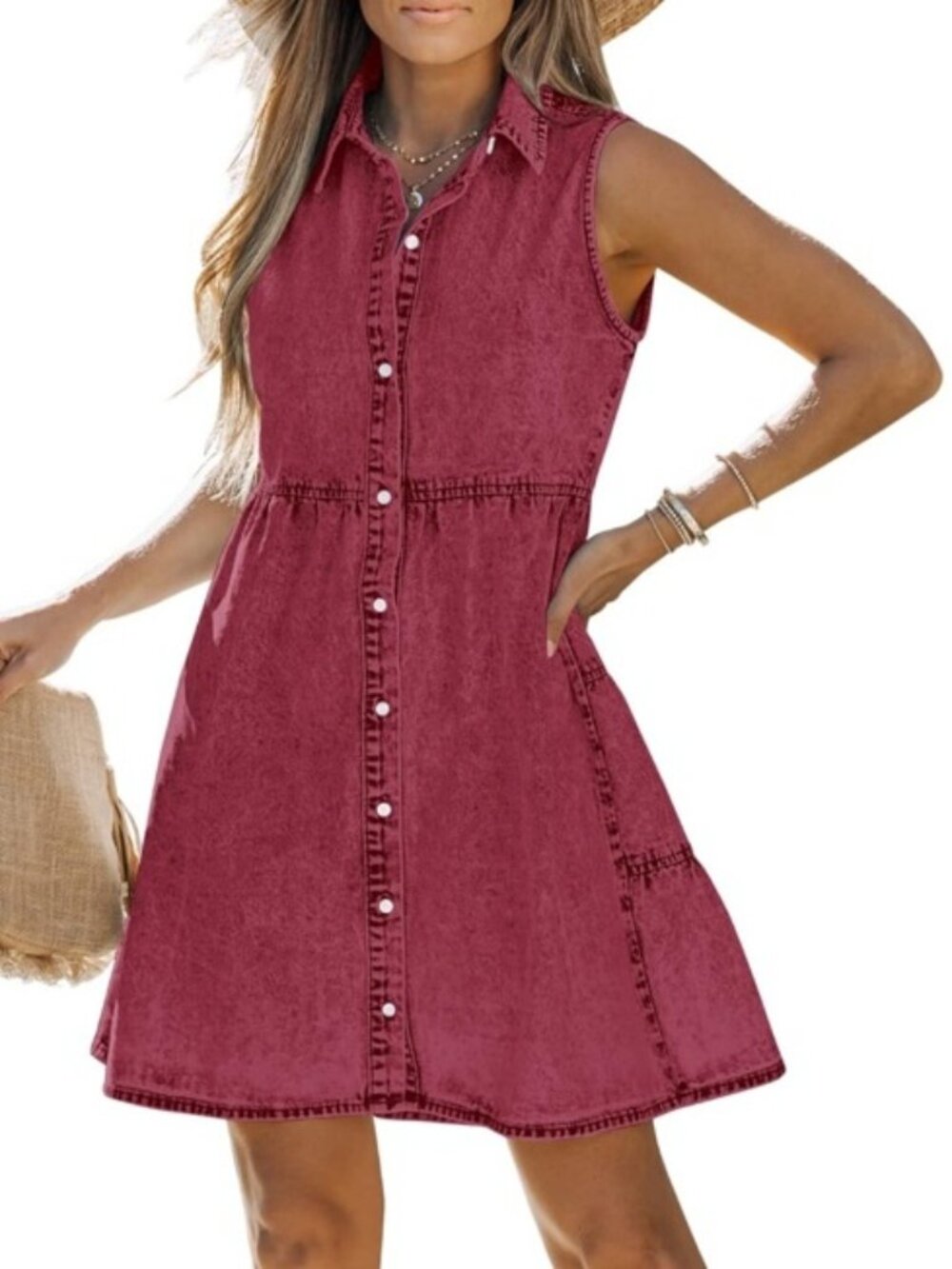 NWT Sleeveless Tiered Denim Babydoll Dress with Button Front Size M